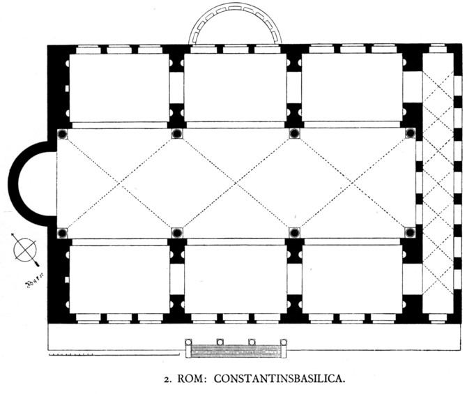 Diagram of a room with arched doors and pillars on each side