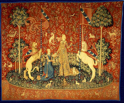 Red background with two women under flags held by a unicorn and a lion