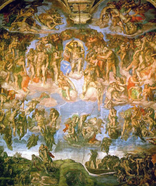 A crowd of hundreds of people watching from above and below as Christ stands on a cloud for judgment