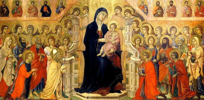 Woman in blue robe seated with baby in the midst of bowing men