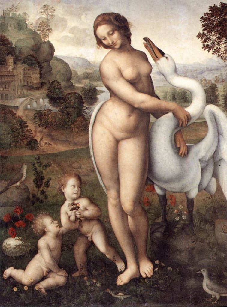 Naked woman holding the neck of a swan while looking fondly at two small children