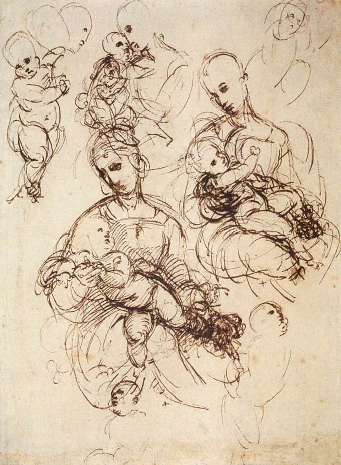 Sketched lines of several versions of women figures holding babies and looking at them