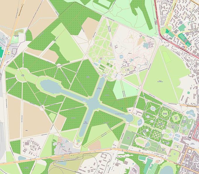 A map of cities and large green spaces with paths and roads