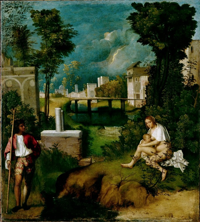 A naked woman nursing a baby seated across from a man in shorts looking at her both in front of a stormy sky and a bridge