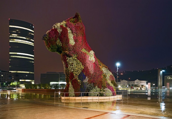 Large dog covered in flowers in a courtyard in a city