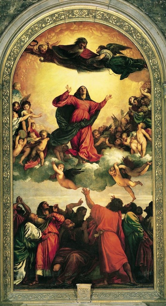 An arch over a vision of a woman surrounded by cherubs on a cloud ascending to God while men look on from below