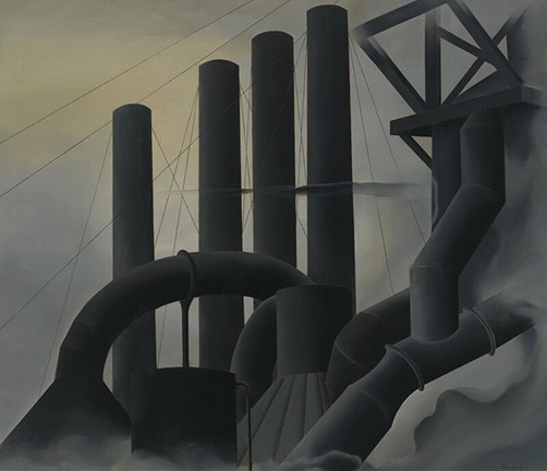 Tall dark pipes in a smoky haze