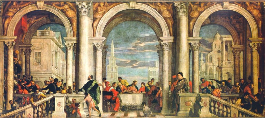 Crowds of men and boys eating and watching on a balcony platform in front of a city