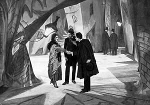 Gray contorted painting of a man and woman shaking hands in front of a second man, two more in the background