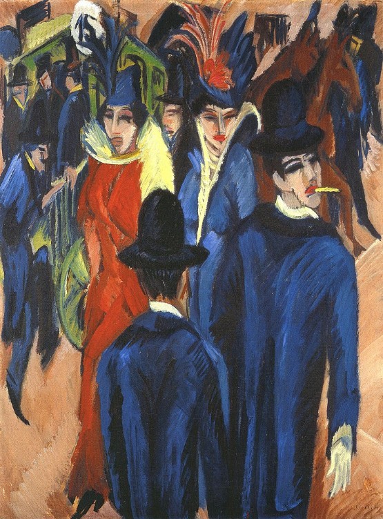 Blurry figures of men in blue and tophats and women with feathered hats