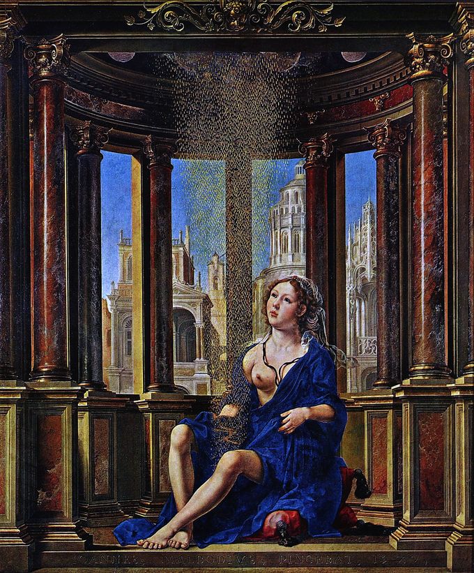 Woman in blue with one bare breast seated in an upper room with water falling on her