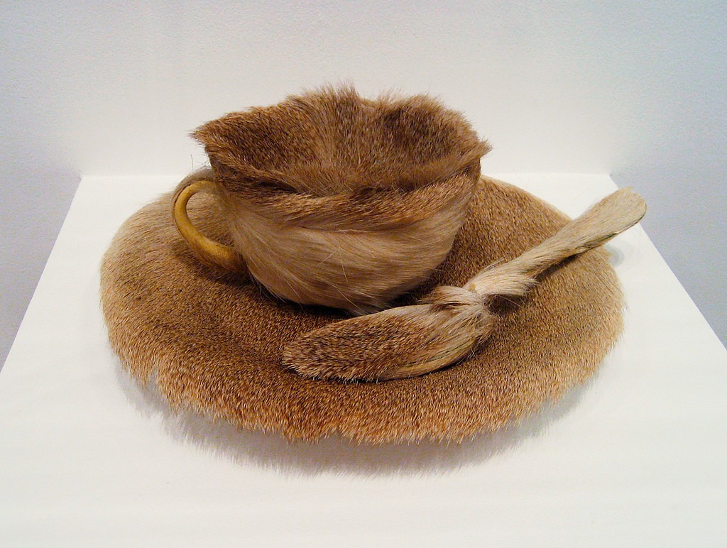 Teacup, saucer, and spoon covered with fur