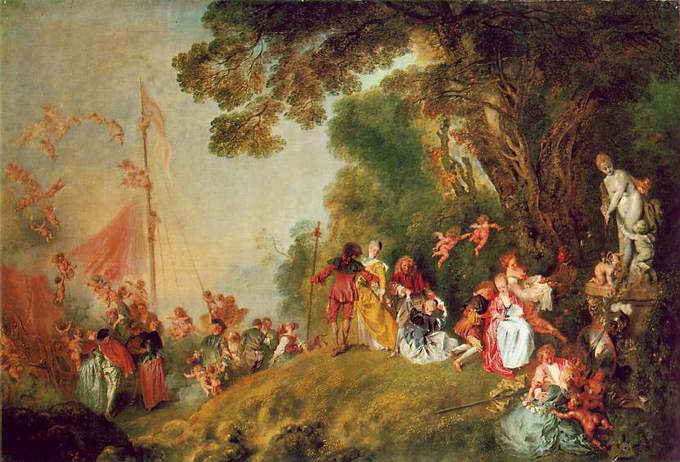 A crowd of women, men, and children on a hill under a tree