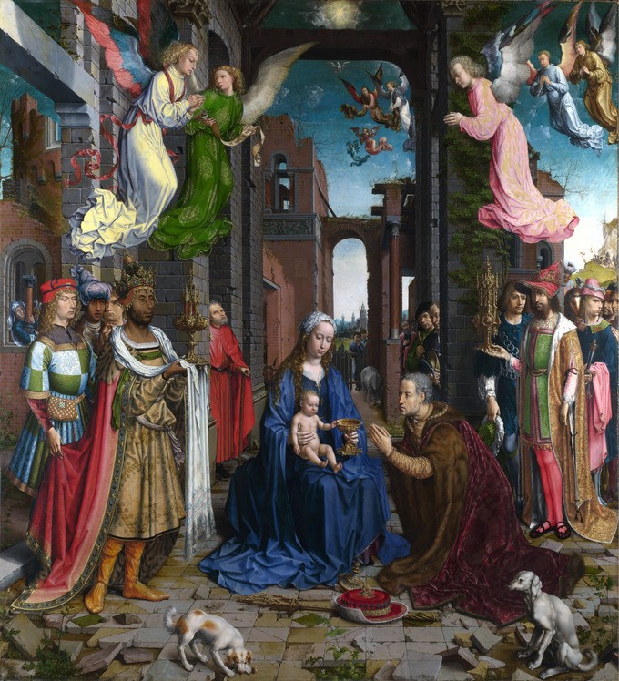 Woman in blue gown holding a baby as men bring gifts and angels watch from above