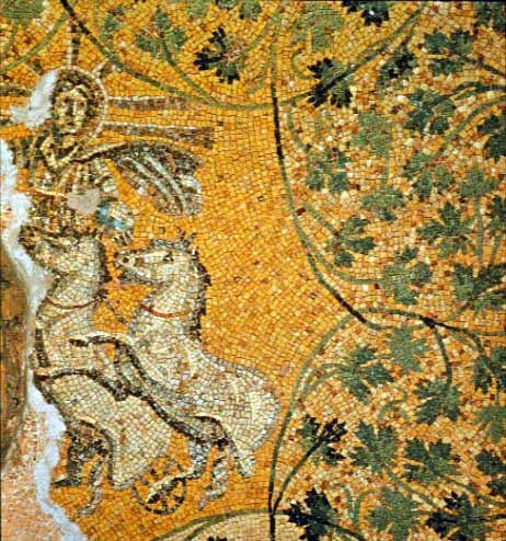 Yellow beaded background behind horses, green leaves, and a human figure with sun behind him