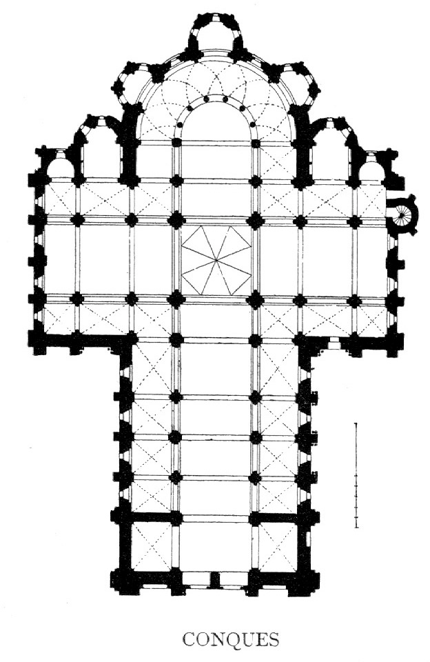 Cross-shaped diagram of a building with a rounded front and many rooms