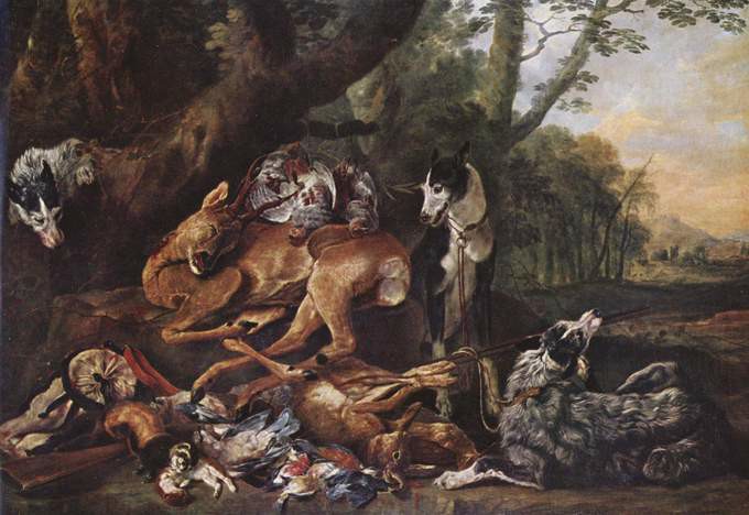 Dogs looking hungrily at a pile of dead deer, rabbits, and other creatures in a wood