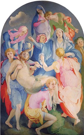 Group of people in pale clothes fawning around a naked dying man