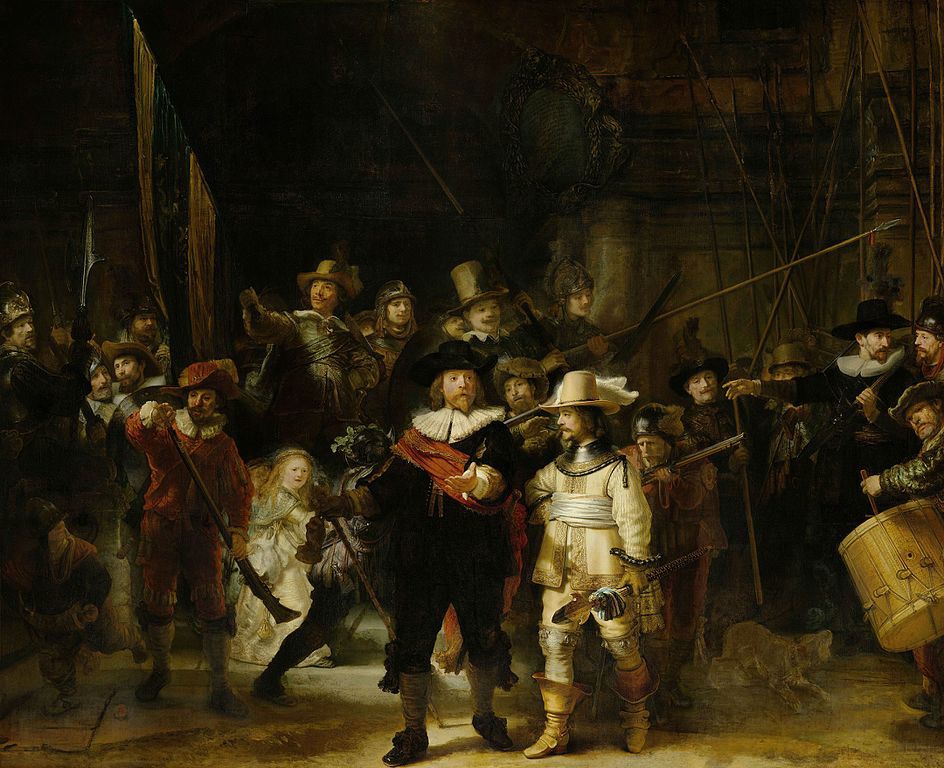Crowd of men in hats and women preparing for a battle
