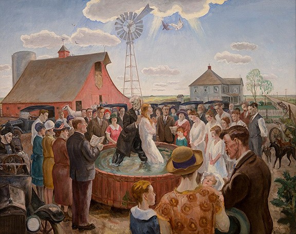 A crowd watching before a barn as a man baptizes a woman in a tub