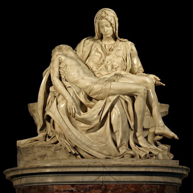 Stone woman seated and holding a dead man in her arms