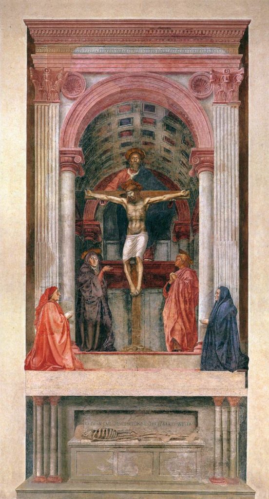 Man hanging on the cross while four people watch below and one behind him in an arched doorway above a coffin with a skeleton on it