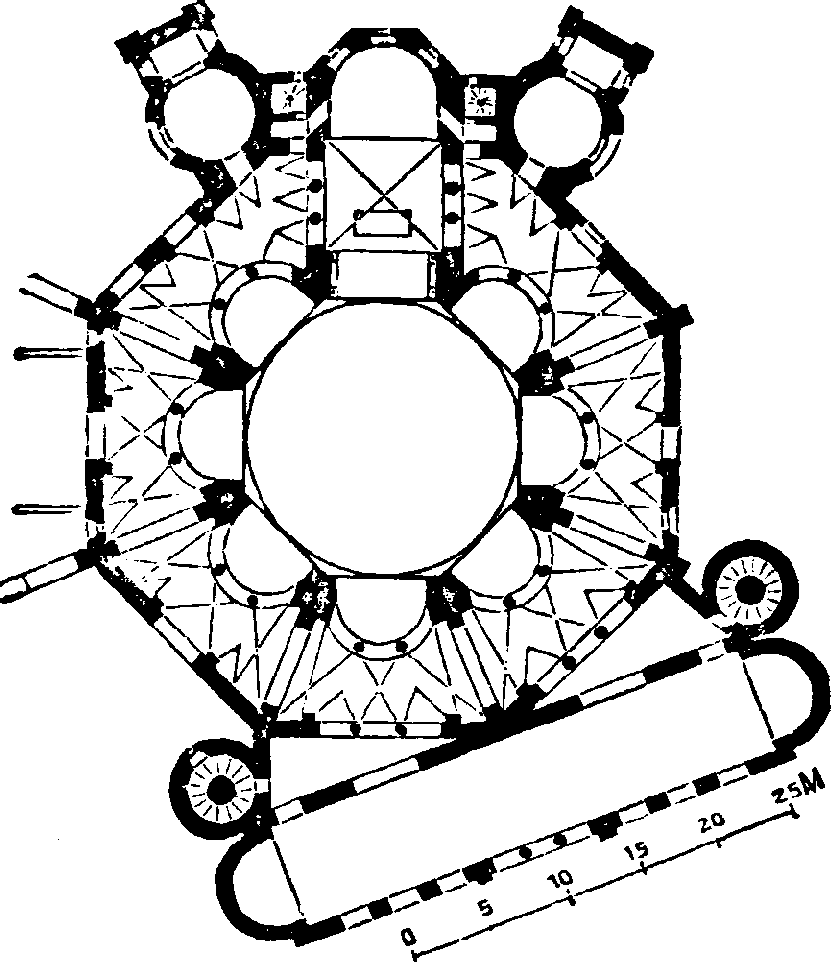Diagram of an octagonal building with circular center