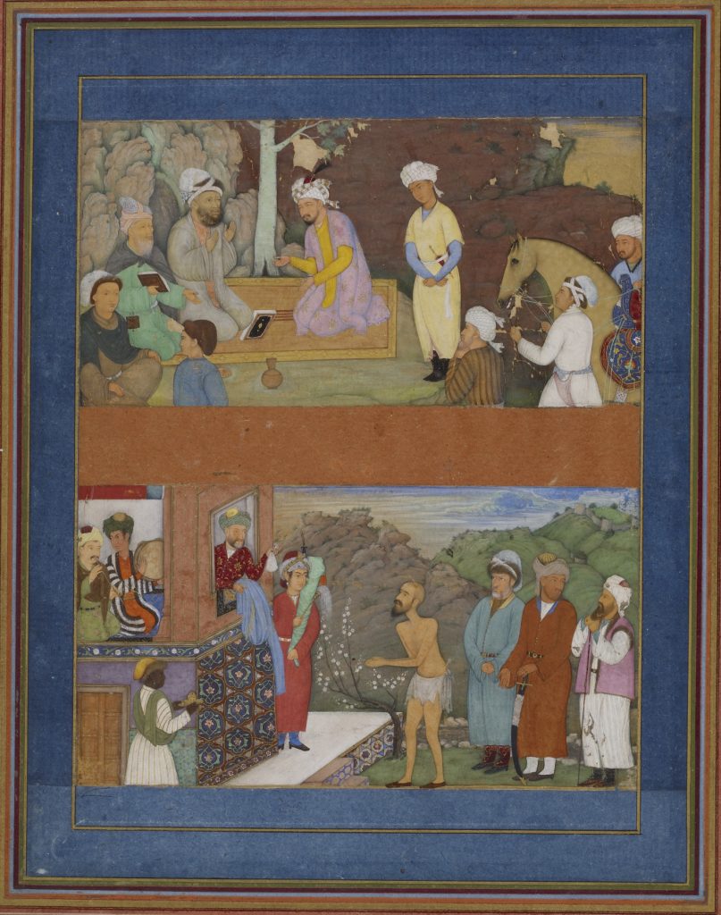 A group of people seated and learning from a prophet above a group of people around a beggar receiving money from a king