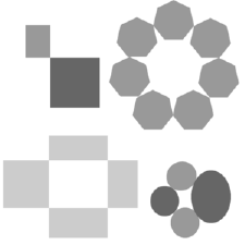 Two diagonal squares, circle of heptagons, square of squares, three circles and an oval