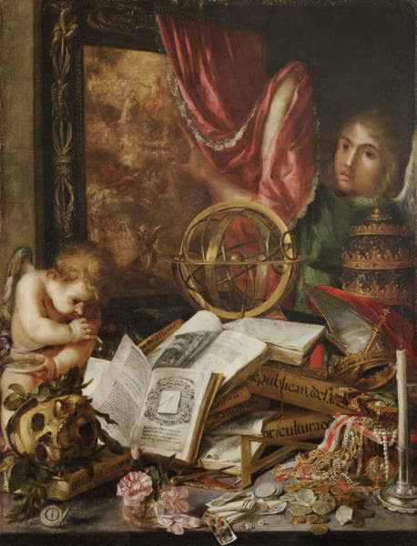 Two children beside a painting surrounded by open books, jewelry, a head, and miscellaneous