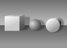 3D gray background with cube, sphere, and set of two spheres