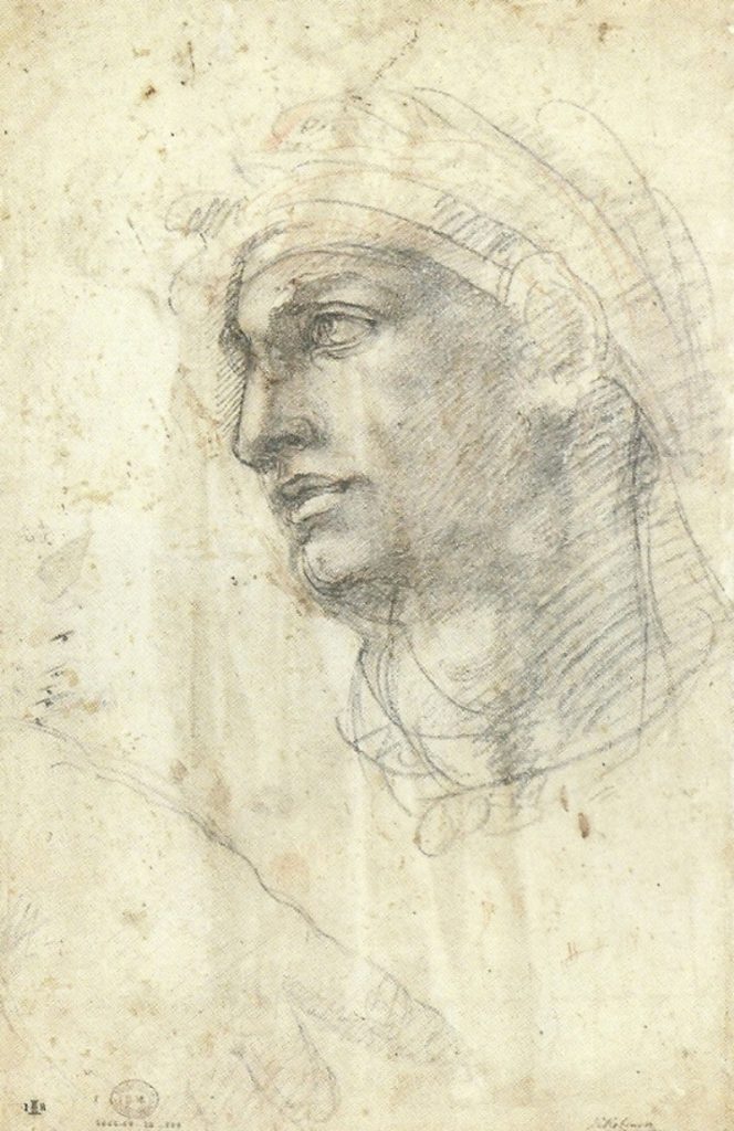 Sketch of a man's face looking to the side and his right hand in front