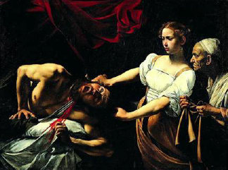 Woman beheading a man while another man watches over her shoulder