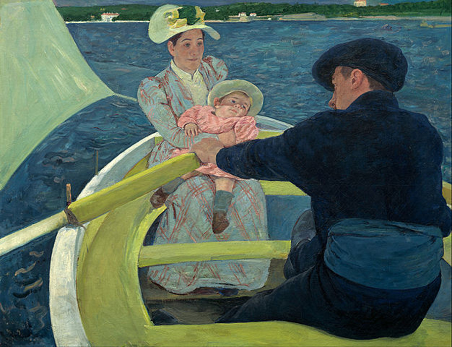 Man rowing a woman and baby in a boat