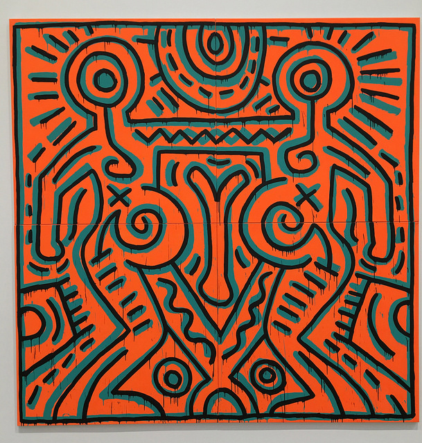 Blue and black lines on orange background making human shapes under a sun