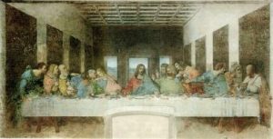 Jesus and disciples at a long table in front of windows