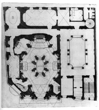 Plan of a building complex drawn with dark ink