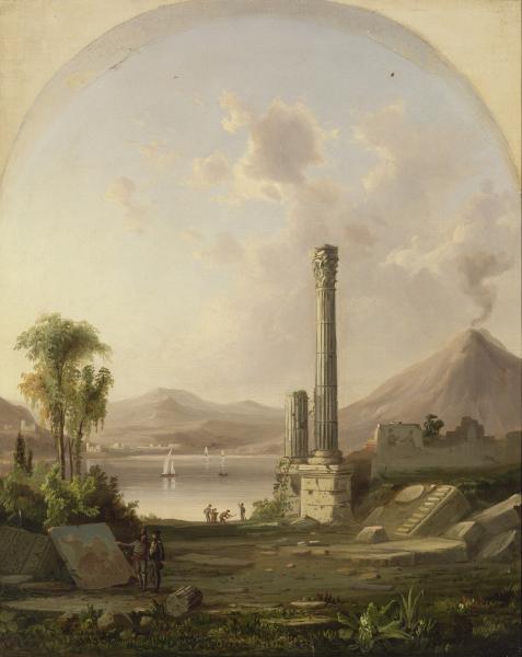Tall towers on the shore of a lake with sailboats seen under an arch