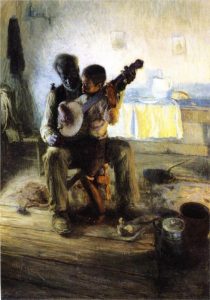 Dark man teach little boy on his lap to play the banjo