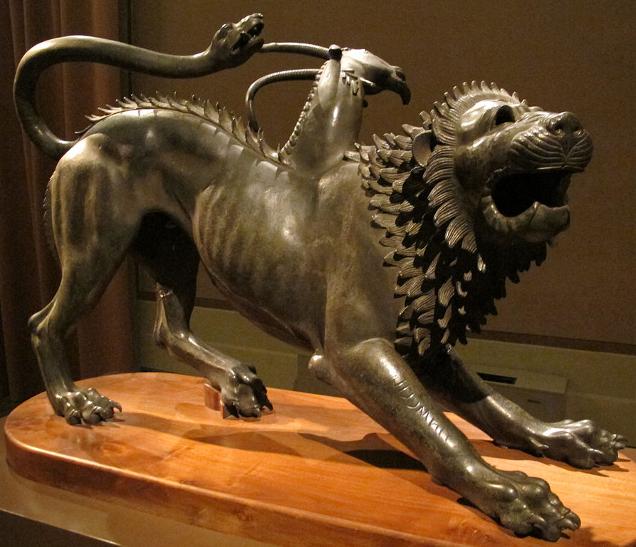 Stone lion roaring with the head of a goat growing out of its back