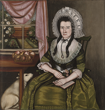 Woman with a large bonnet seated near a window with a book and flowers on her lap