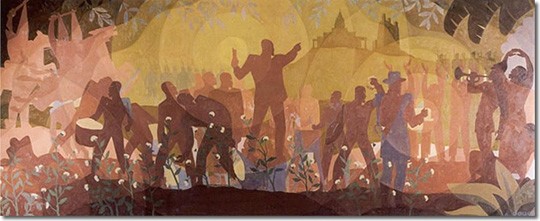 Blurry figures of men dancing and partying behind yellow lights looking towards a palace on a hill