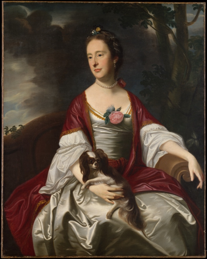 Elegant woman in a gown with a puppy on her lap, looking to the side