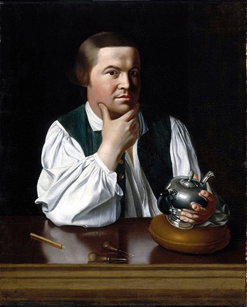 Gentleman with his hand on his chin, holding a teapot over a table with tools