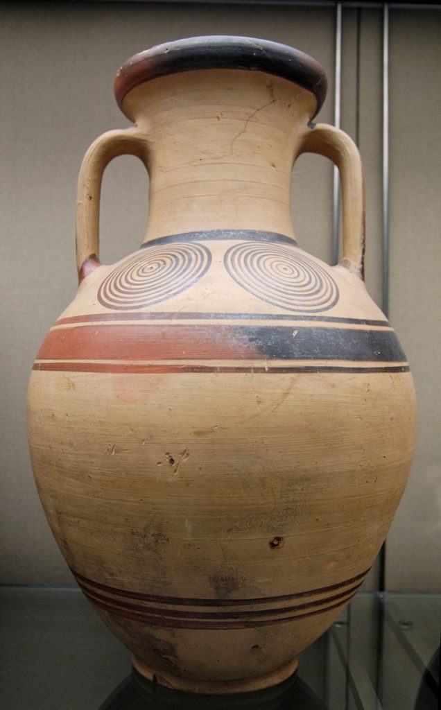 Brown clay vase with bars and swirling circles decorating below the neck