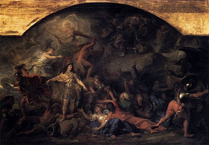 Men and angels in battle in a dark place