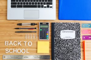 Back to school supplies and the words "Back to School"