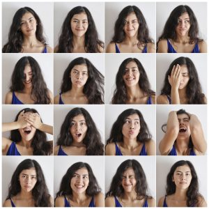 Multiple pictures of the same woman making different facial expressions and poses