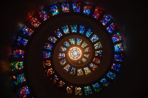 Stained glass windows in a spiral