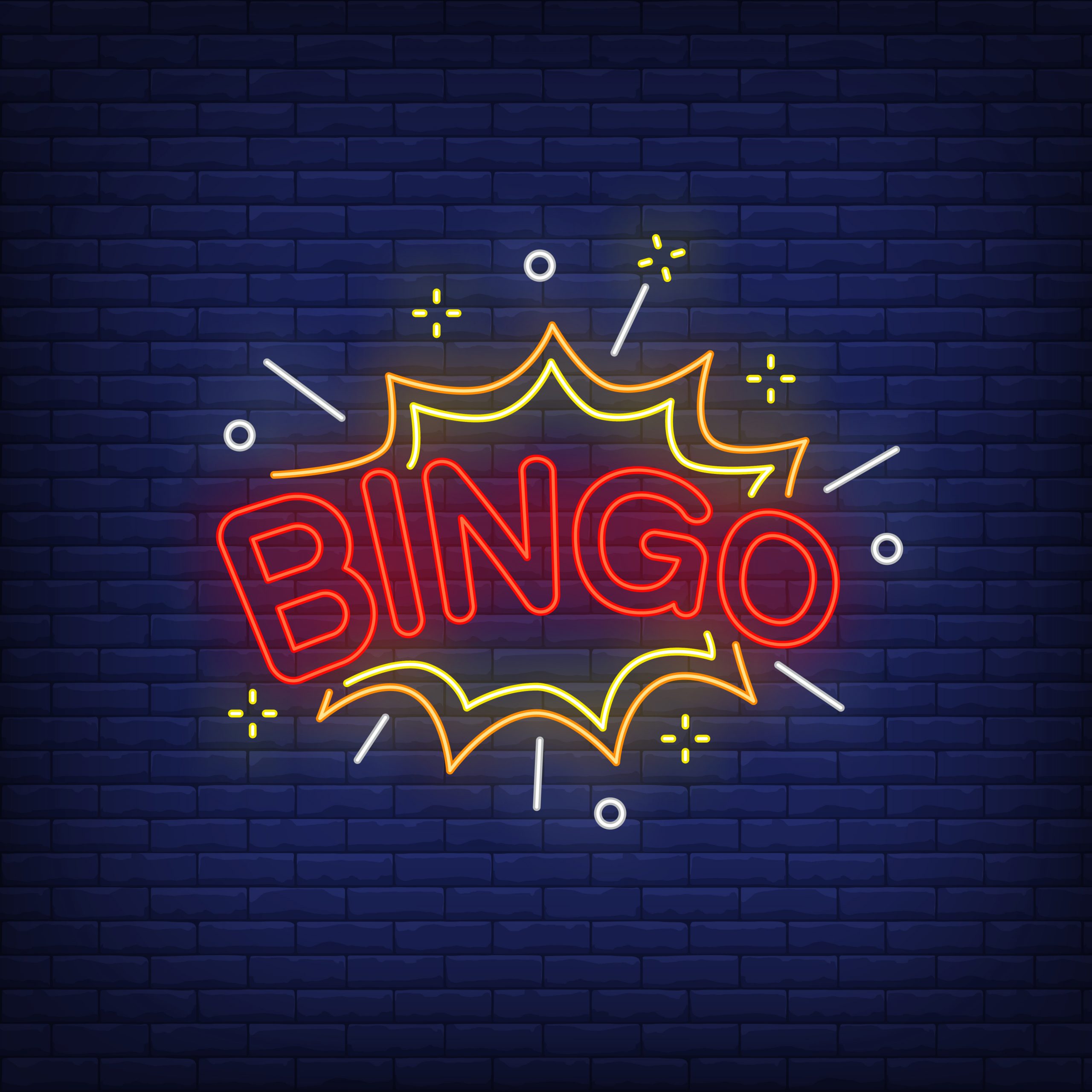 "BINGO" in the style of a neon sign over a dark blue brick wall